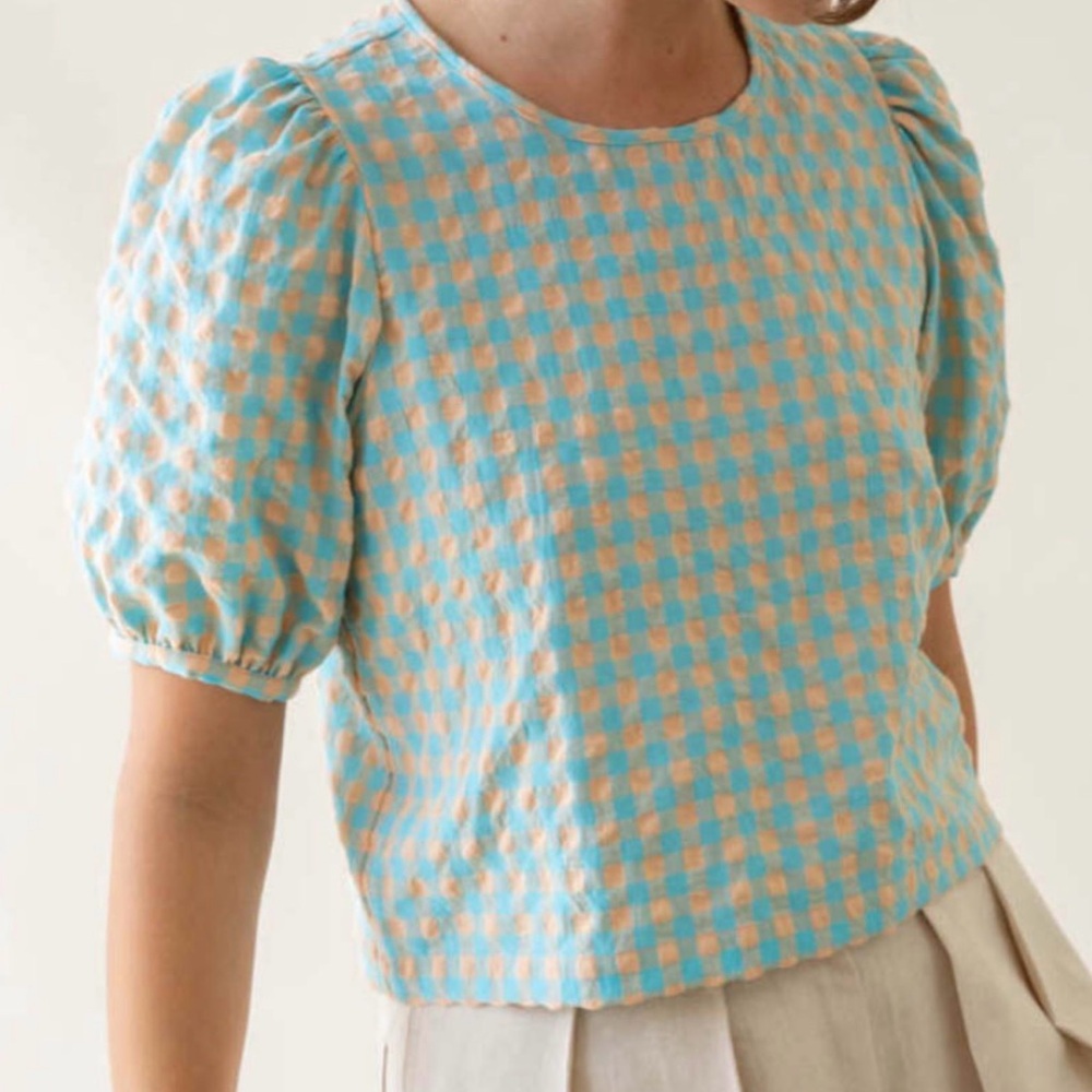 Anniewear Aqua and Melon Gingham Check Print Top with Short Bubble Sleeves NEW